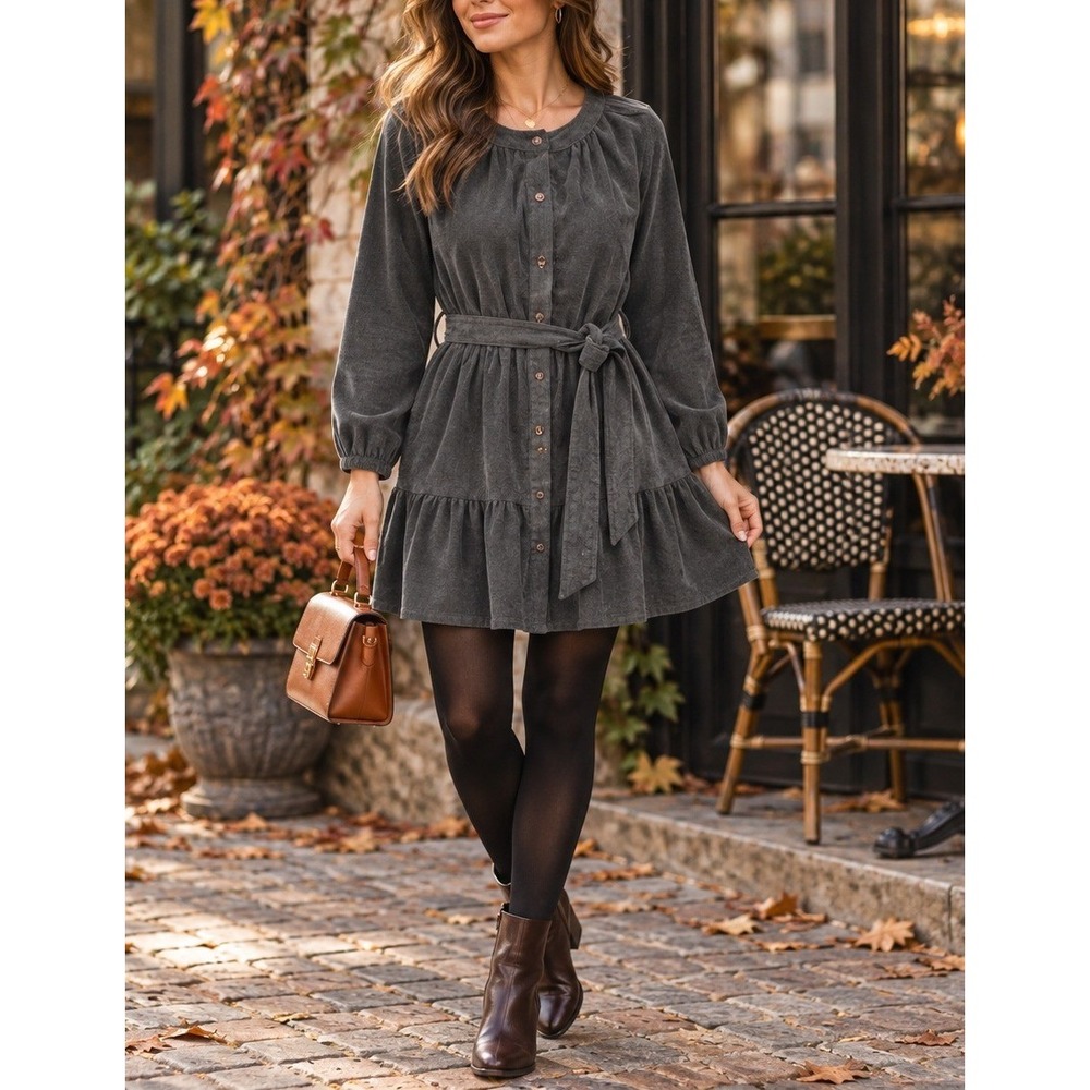 Simply Southern Womens Gray Corduroy Tiered Belted Button Front Dress Small